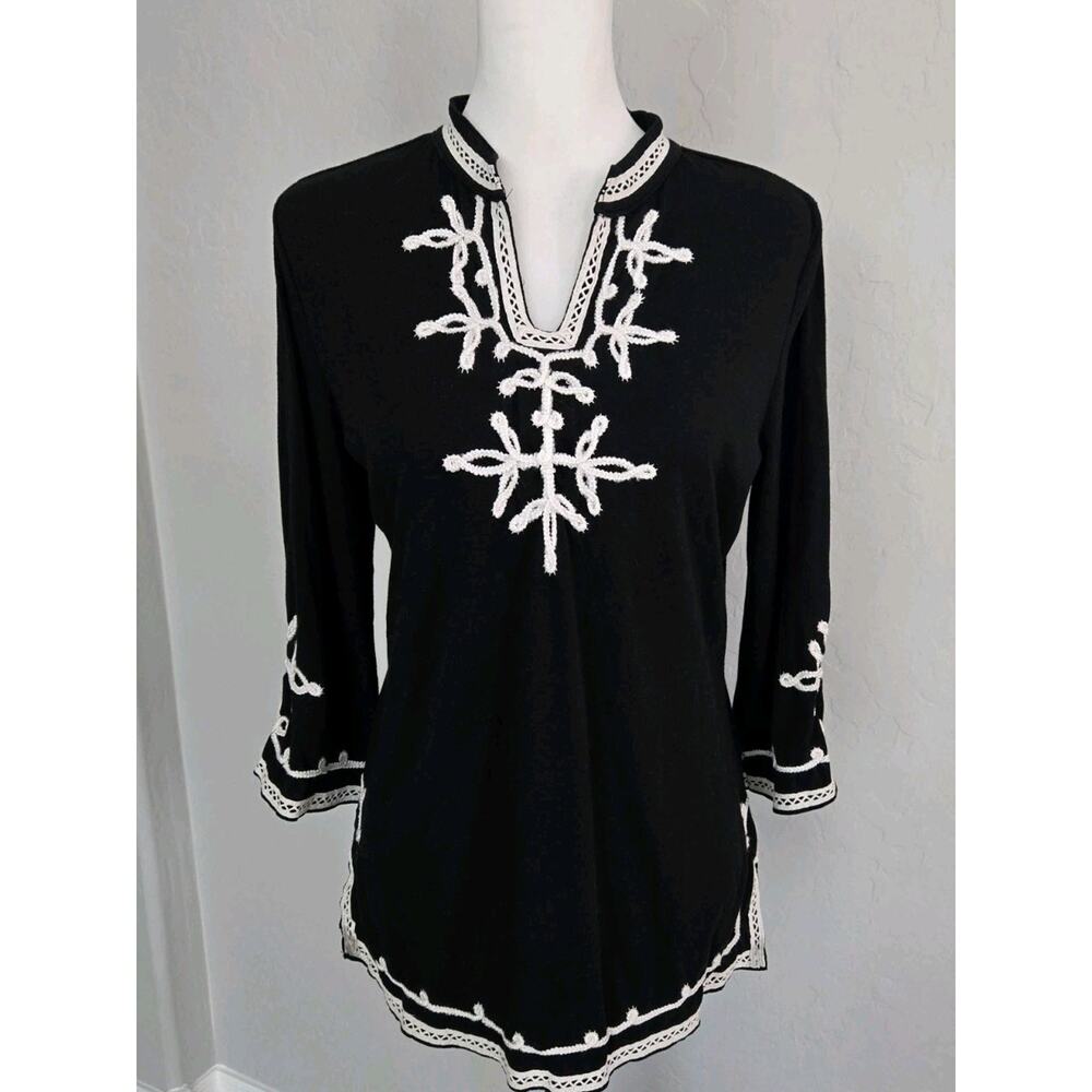 Embroidered Boho Chic Coastal Black White Tunic Blouse Top Lauren Michelle Sz M